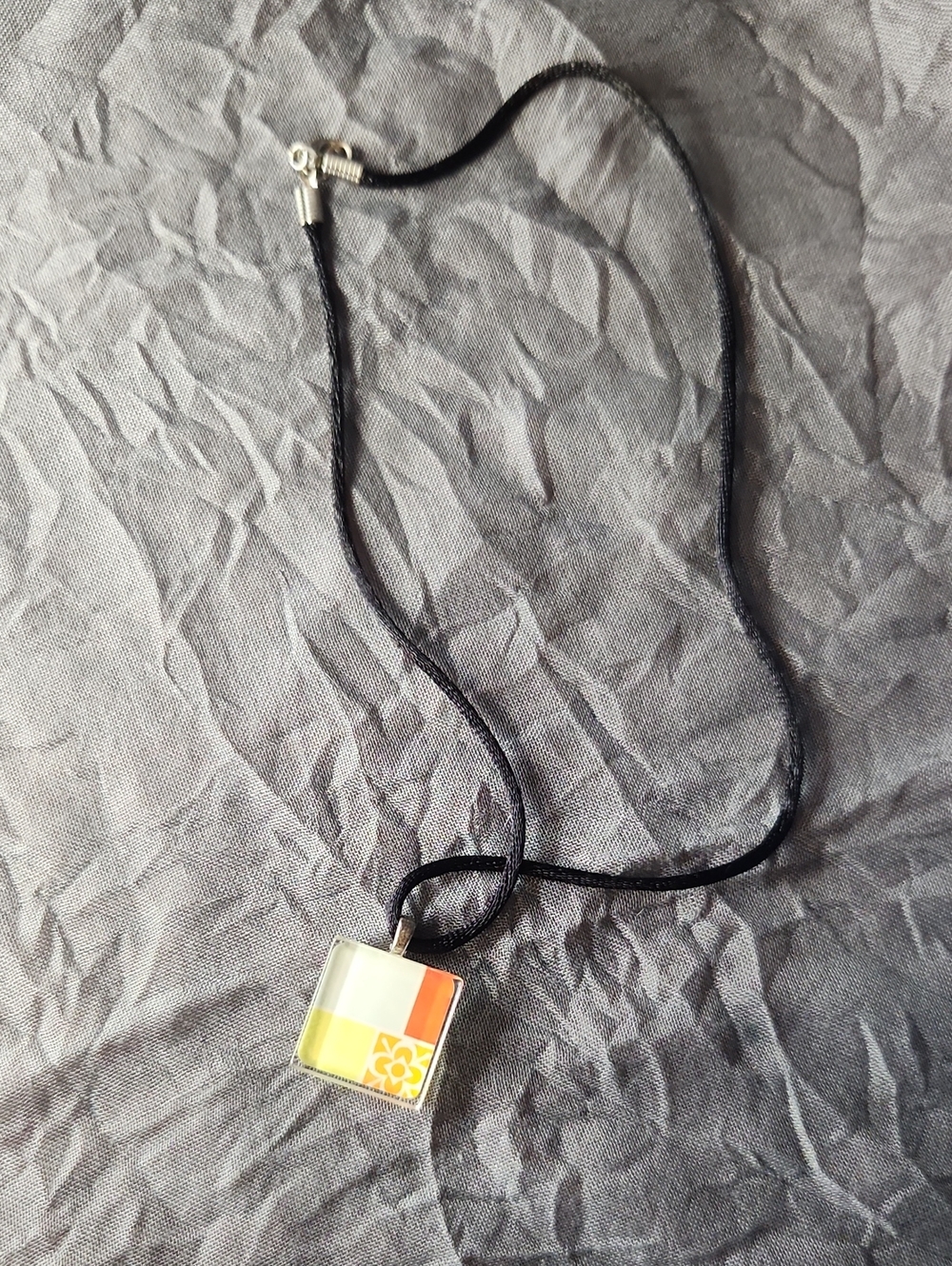 Handmade Square Glass Tile Pennant Necklace Retro Geometric Mod Flower Boho 20"